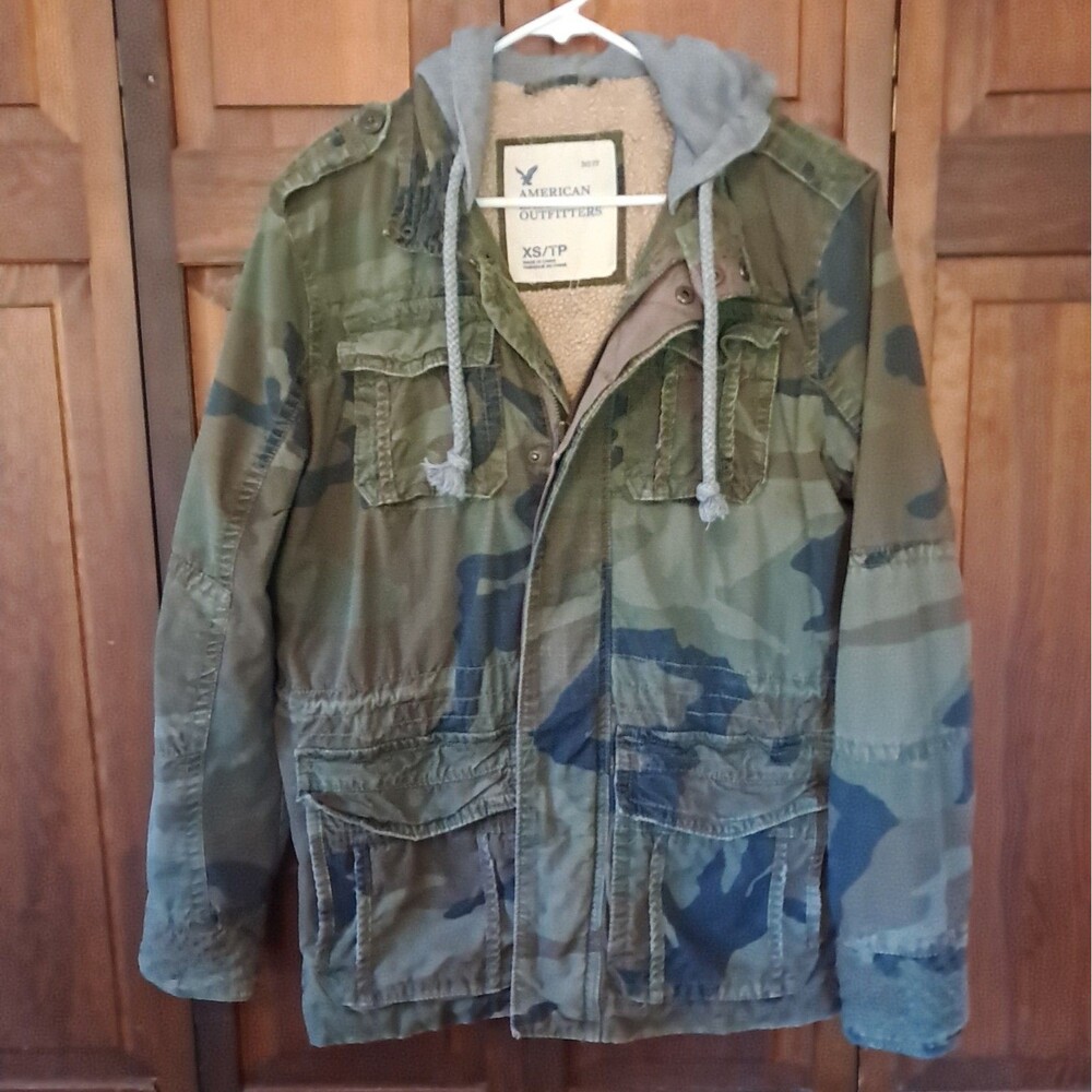 American Eagle Jacket Unisex Men XS Green Camo Sherpa Lined Hooded Field Ripstop